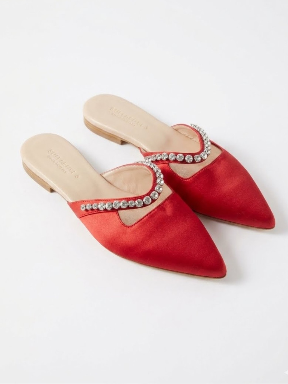 Beautiisoles red pointed toe satin crystal embellished mule flats size 9
